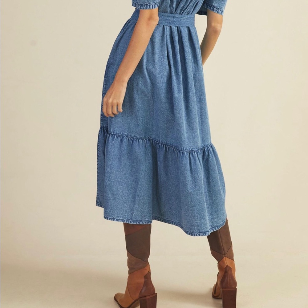 Denim midi belted dress with sleeves and pockets NWT - Picture 3 of 9